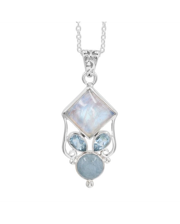 925 Sterling Silver Moonstone, Aquamarine & Sky Blue Topaz Gemstone Pendant