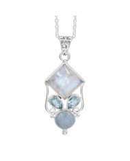 925 Sterling Silver Moonstone, Aquamarine & Sky Blue Topaz Gemstone Pendant