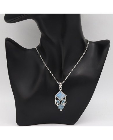 925 Sterling Silver Moonstone, Aquamarine & Sky Blue Topaz Gemstone Pendant