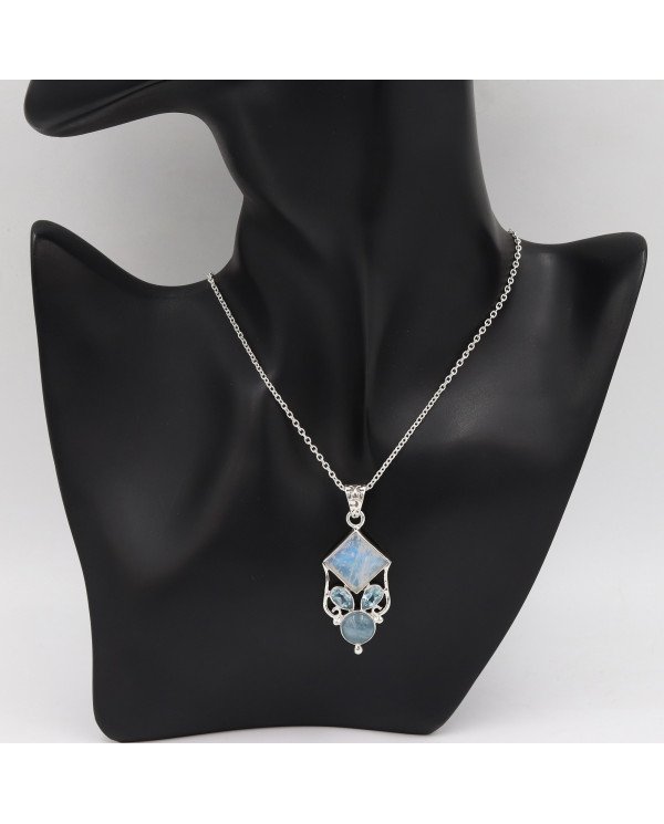 925 Sterling Silver Moonstone, Aquamarine & Sky Blue Topaz Gemstone Pendant