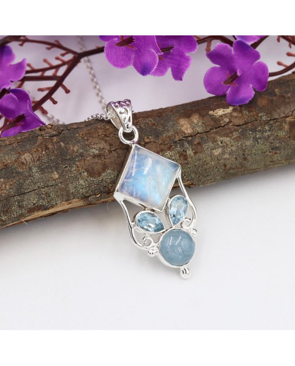 925 Sterling Silver Moonstone, Aquamarine & Sky Blue Topaz Gemstone Pendant