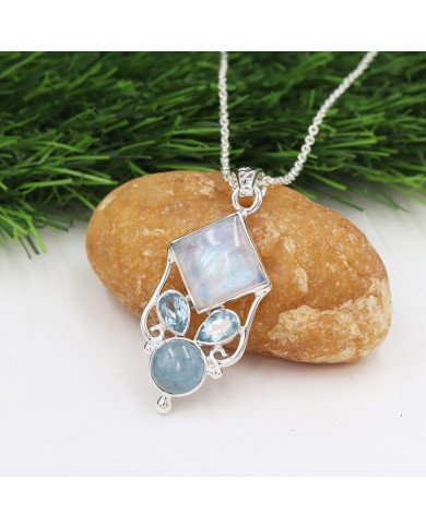 925 Sterling Silver Moonstone, Aquamarine & Sky Blue Topaz Gemstone Pendant