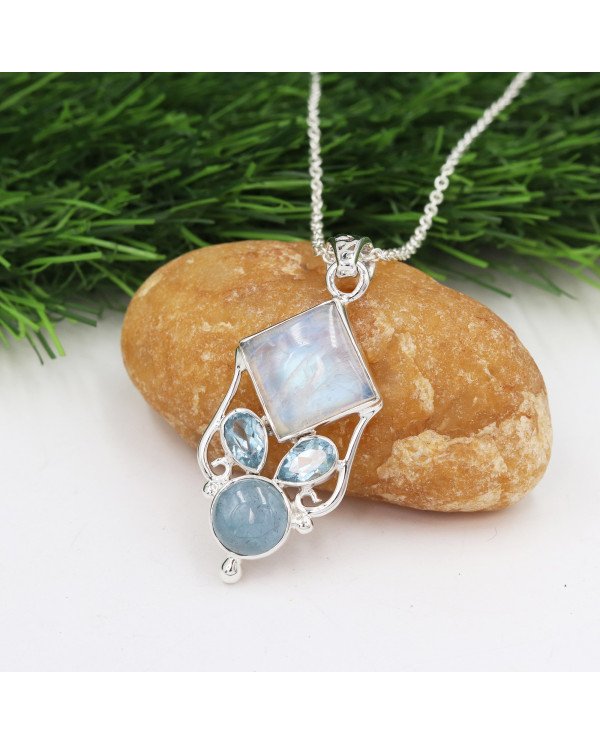 925 Sterling Silver Moonstone, Aquamarine & Sky Blue Topaz Gemstone Pendant