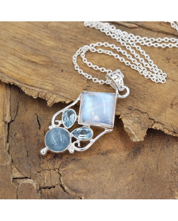 925 Sterling Silver Moonstone, Aquamarine & Sky Blue Topaz Gemstone Pendant