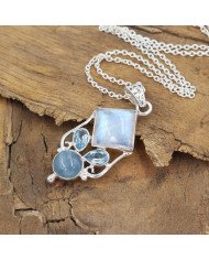 925 Sterling Silver Moonstone, Aquamarine & Sky Blue Topaz Gemstone Pendant