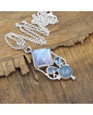 925 Sterling Silver Moonstone, Aquamarine & Sky Blue Topaz Gemstone Pendant
