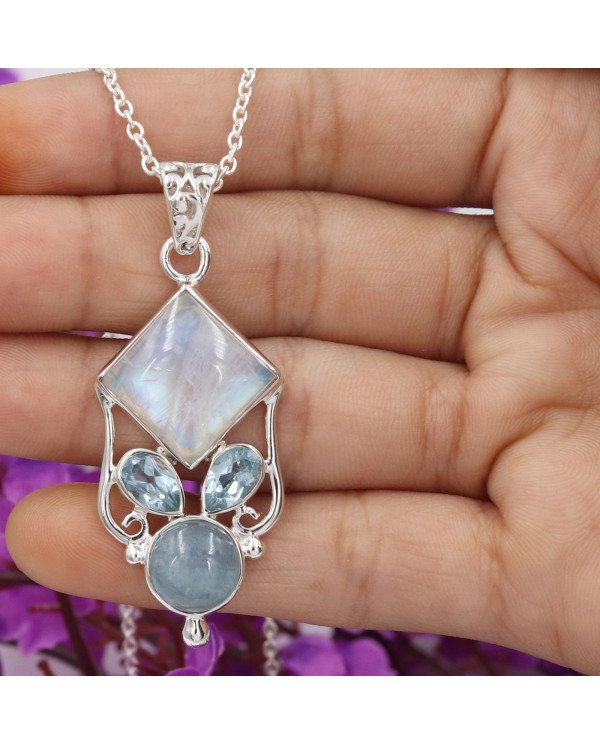 925 Sterling Silver Moonstone, Aquamarine & Sky Blue Topaz Gemstone Pendant