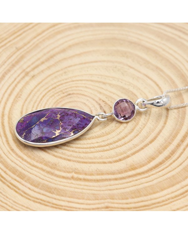 925 Sterling Silver Purple Copper Turquoise and Amethyst Drop Pendant Necklace