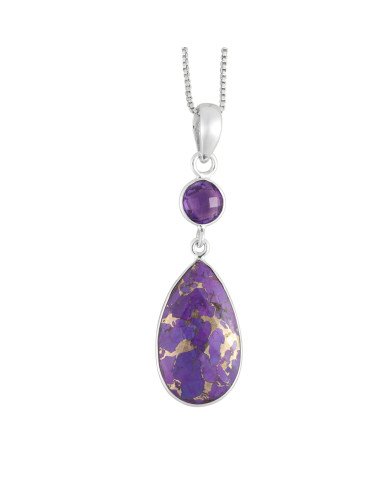 925 Sterling Silver Purple Copper Turquoise and Amethyst Drop Pendant Necklace