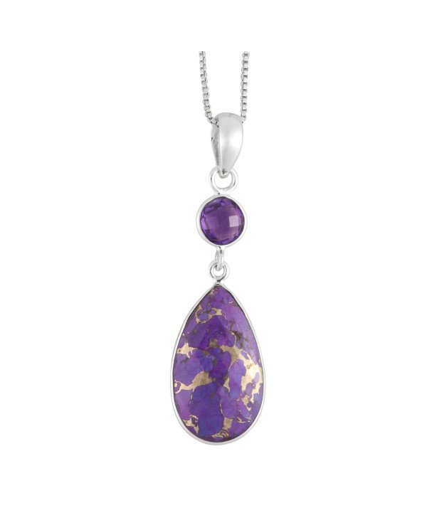 925 Sterling Silver Purple Copper Turquoise and Amethyst Drop Pendant Necklace