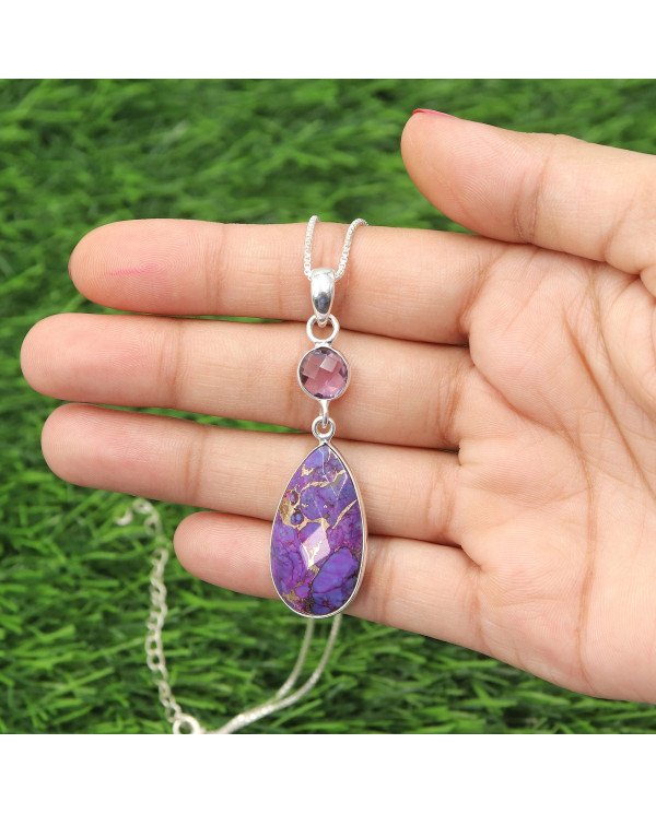 925 Sterling Silver Purple Copper Turquoise and Amethyst Drop Pendant Necklace