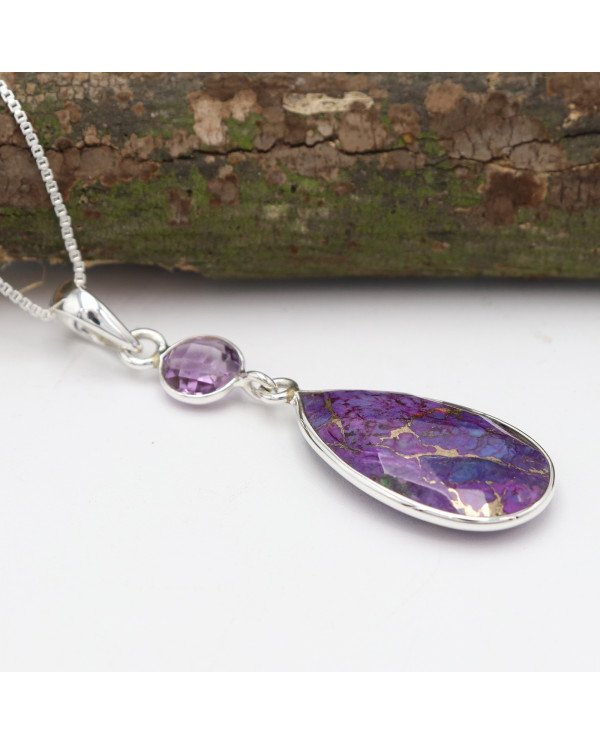925 Sterling Silver Purple Copper Turquoise and Amethyst Drop Pendant Necklace