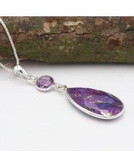 925 Sterling Silver Purple Copper Turquoise and Amethyst Drop Pendant Necklace