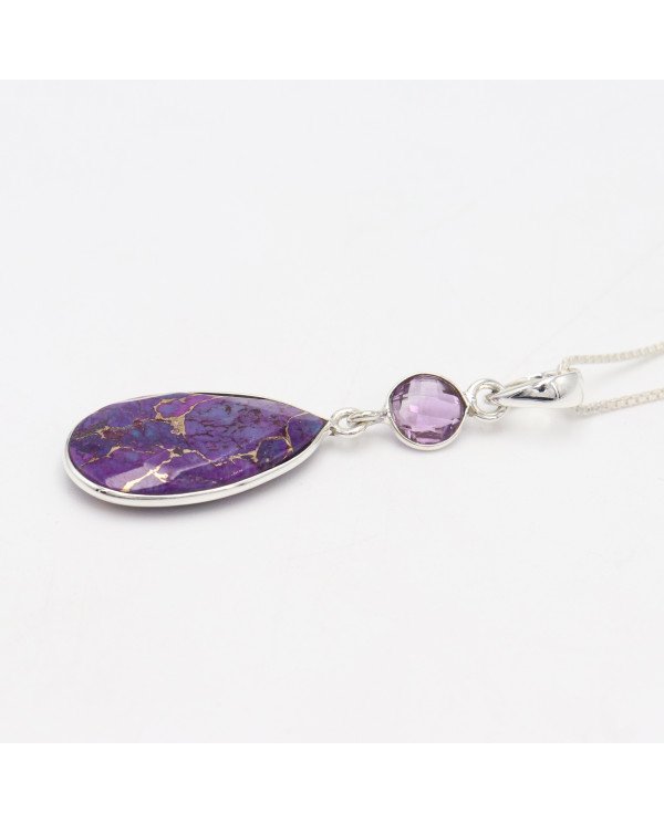 925 Sterling Silver Purple Copper Turquoise and Amethyst Drop Pendant Necklace