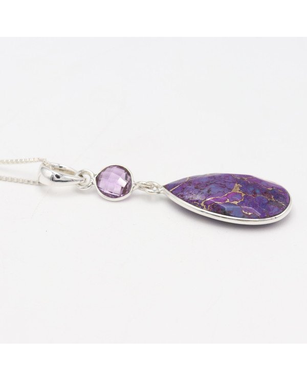 925 Sterling Silver Purple Copper Turquoise and Amethyst Drop Pendant Necklace
