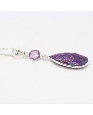 925 Sterling Silver Purple Copper Turquoise and Amethyst Drop Pendant Necklace