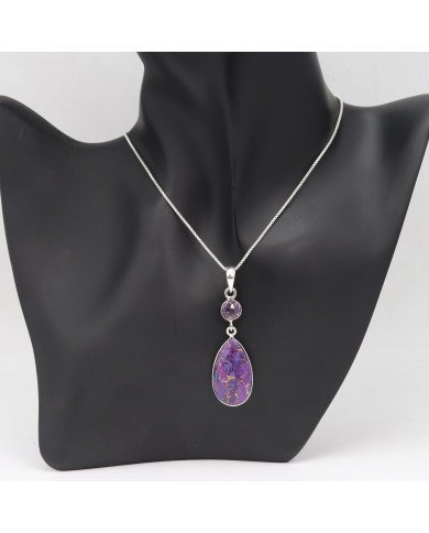 925 Sterling Silver Purple Copper Turquoise and Amethyst Drop Pendant Necklace