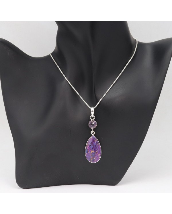 925 Sterling Silver Purple Copper Turquoise and Amethyst Drop Pendant Necklace