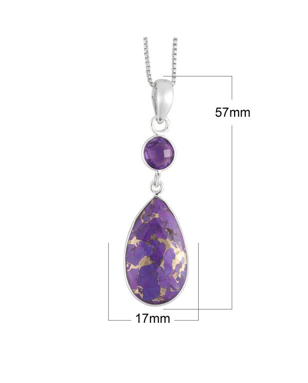 925 Sterling Silver Purple Copper Turquoise and Amethyst Drop Pendant Necklace