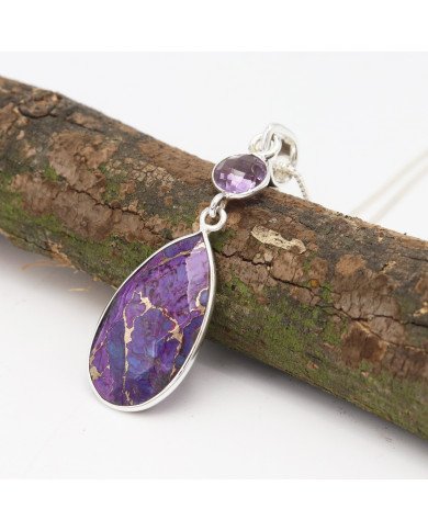925 Sterling Silver Purple Copper Turquoise and Amethyst Drop Pendant Necklace