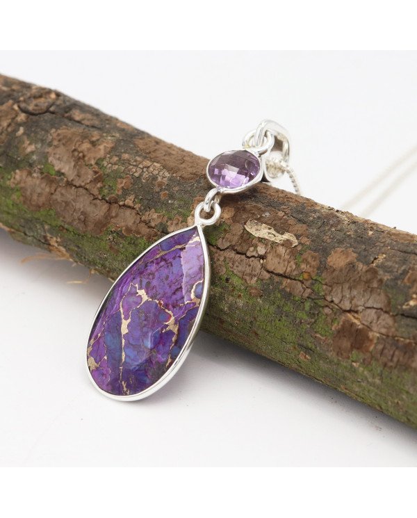 925 Sterling Silver Purple Copper Turquoise and Amethyst Drop Pendant Necklace