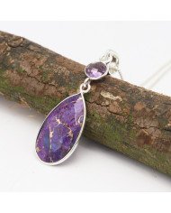 925 Sterling Silver Purple Copper Turquoise and Amethyst Drop Pendant Necklace
