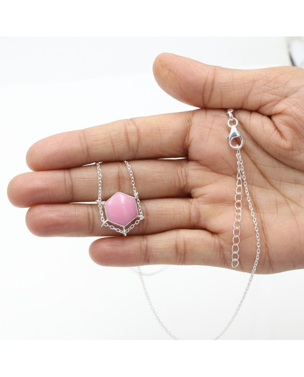 Pink Opal Hexagon Pendant Necklace | 925 Sterling Silver Chain Jewelry