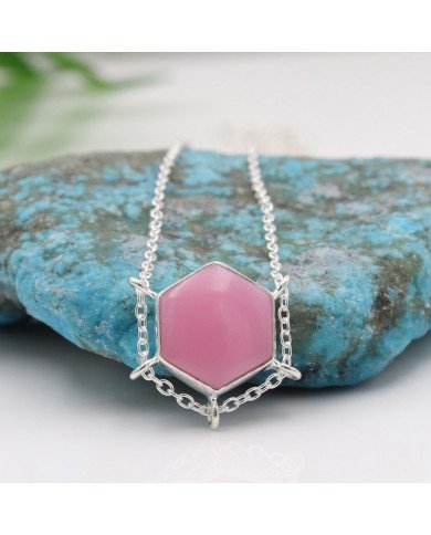 Pink Opal Hexagon Pendant Necklace | 925 Sterling Silver Chain Jewelry