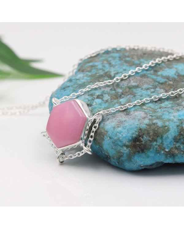 Pink Opal Hexagon Pendant Necklace | 925 Sterling Silver Chain Jewelry