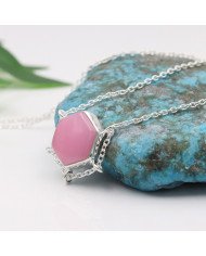 Pink Opal Hexagon Pendant Necklace | 925 Sterling Silver Chain Jewelry