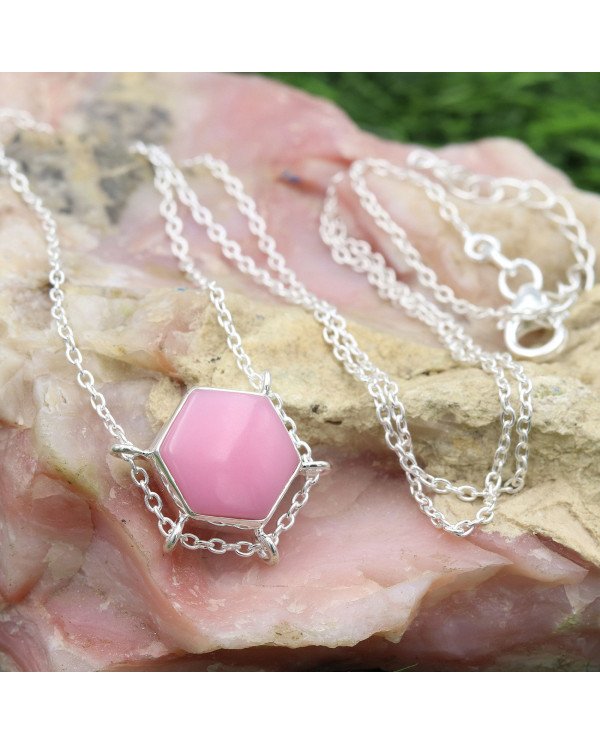 Pink Opal Hexagon Pendant Necklace | 925 Sterling Silver Chain Jewelry