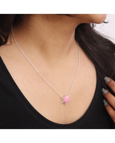 Pink Opal Hexagon Pendant Necklace | 925 Sterling Silver Chain Jewelry