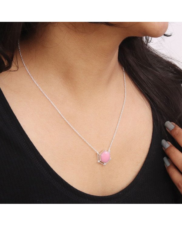 Pink Opal Hexagon Pendant Necklace | 925 Sterling Silver Chain Jewelry