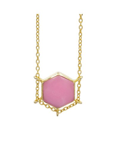 Pink Opal Hexagon Pendant Necklace | Gold Plated Chain Jewelry