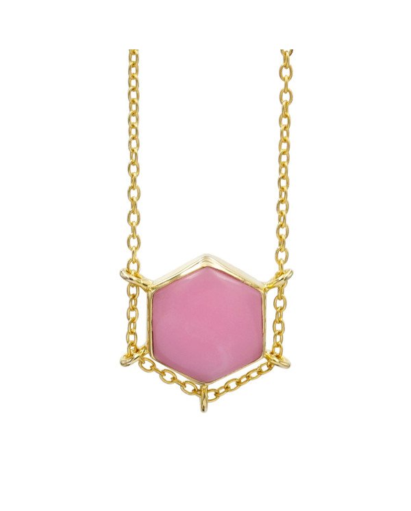 Pink Opal Hexagon Pendant Necklace | Gold Plated Chain Jewelry