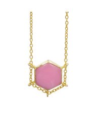 Pink Opal Hexagon Pendant Necklace | Gold Plated Chain Jewelry