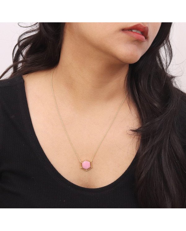 Pink Opal Hexagon Pendant Necklace | Gold Plated Chain Jewelry