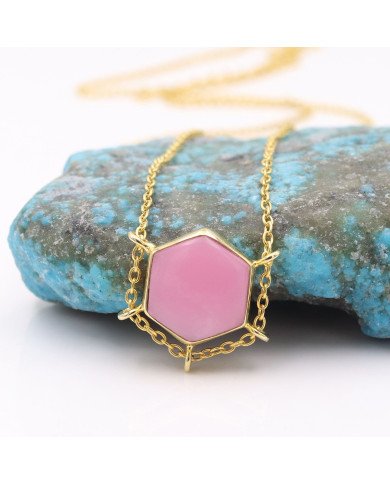 Pink Opal Hexagon Pendant Necklace | Gold Plated Chain Jewelry