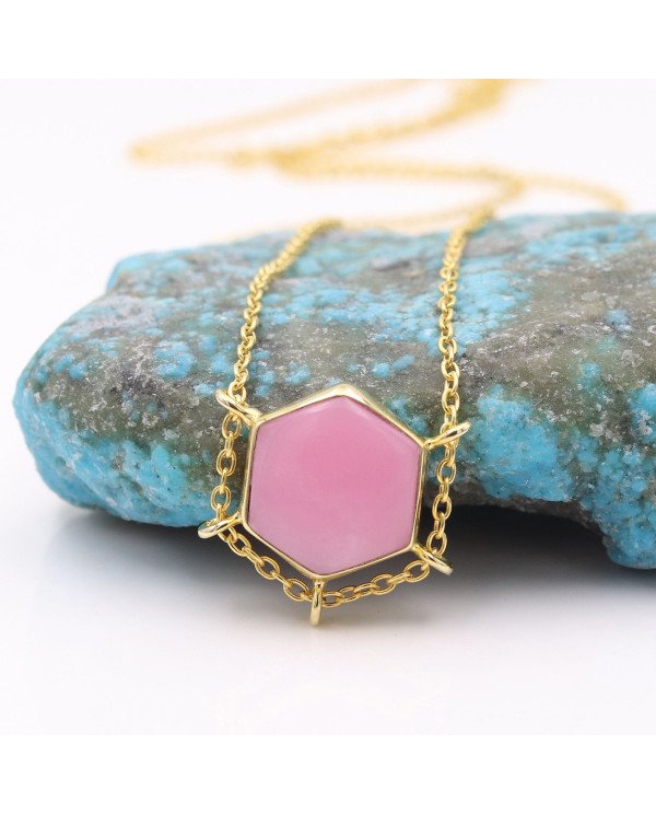 Pink Opal Hexagon Pendant Necklace | Gold Plated Chain Jewelry