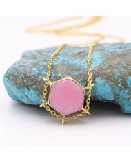 Pink Opal Hexagon Pendant Necklace | Gold Plated Chain Jewelry