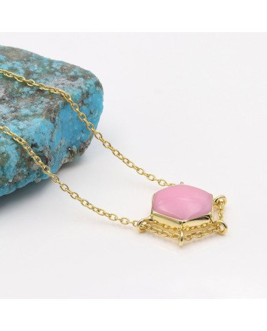 Pink Opal Hexagon Pendant Necklace | Gold Plated Chain Jewelry