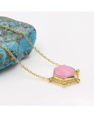 Pink Opal Hexagon Pendant Necklace | Gold Plated Chain Jewelry