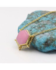 Pink Opal Hexagon Pendant Necklace | Gold Plated Chain Jewelry