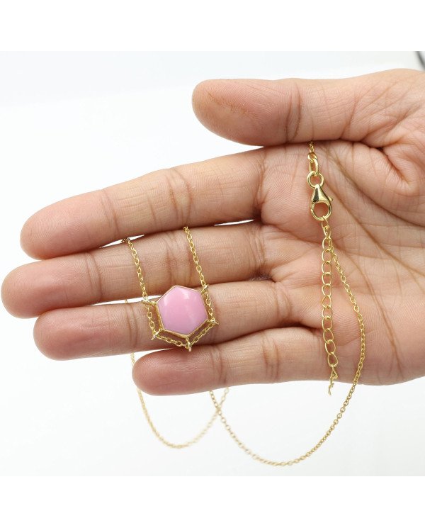 Pink Opal Hexagon Pendant Necklace | Gold Plated Chain Jewelry