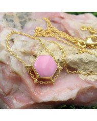 Pink Opal Hexagon Pendant Necklace | Gold Plated Chain Jewelry