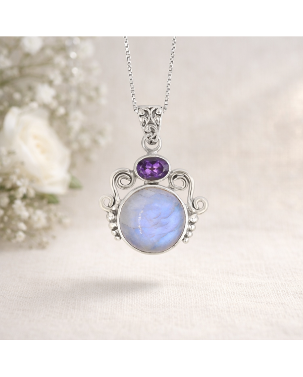 925 Sterling Silver Moonstone Amethyst Pendant Necklace for Women