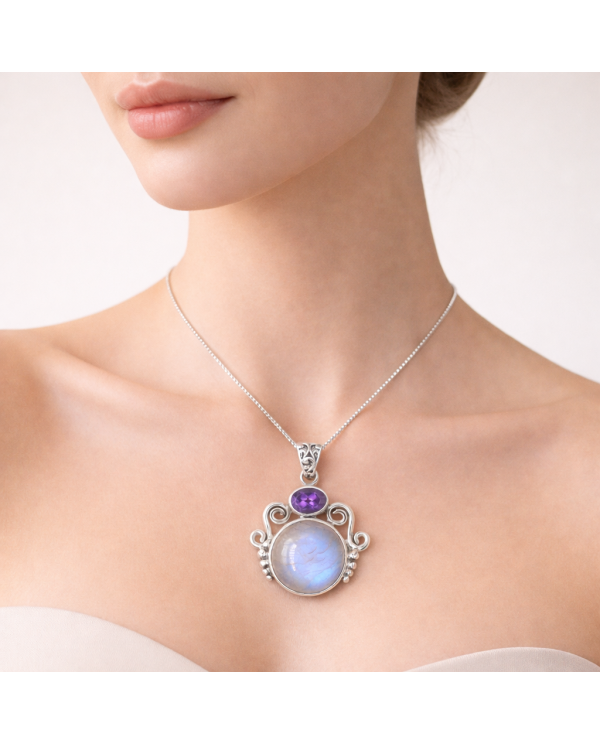925 Sterling Silver Moonstone Amethyst Pendant Necklace for Women