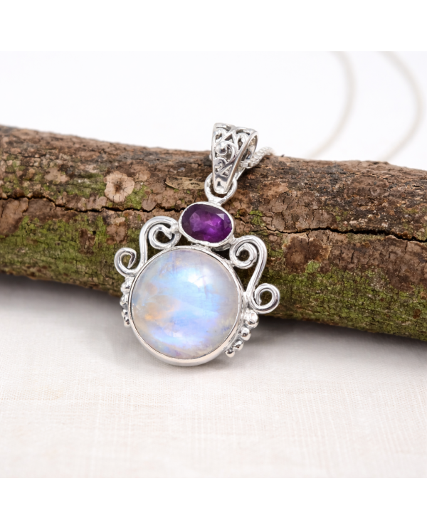 925 Sterling Silver Moonstone Amethyst Pendant Necklace for Women