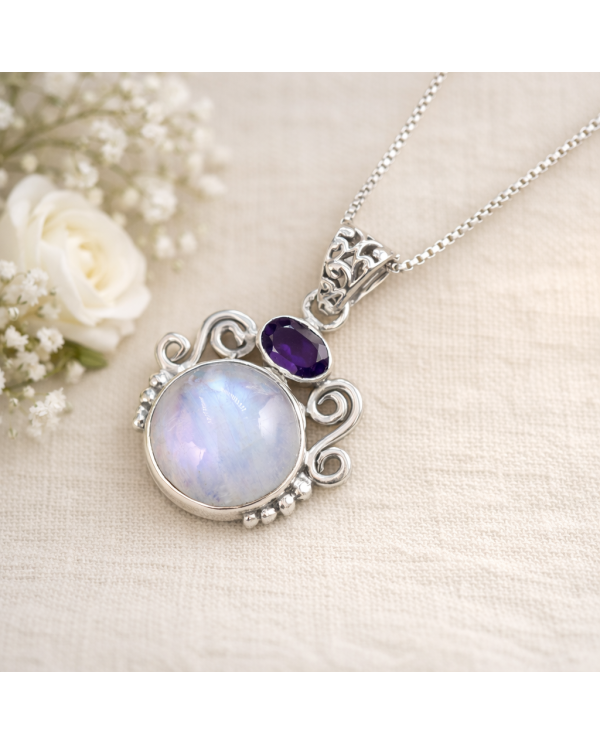 925 Sterling Silver Moonstone Amethyst Pendant Necklace for Women