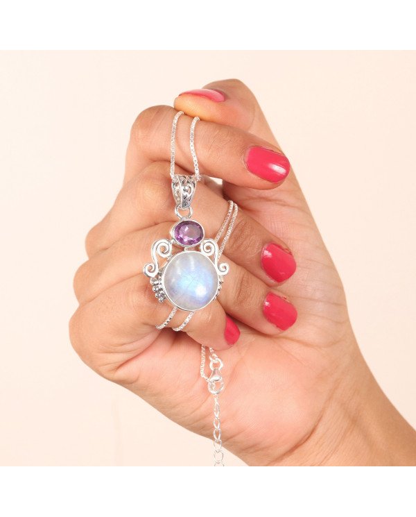 925 Sterling Silver Moonstone Amethyst Pendant Necklace for Women
